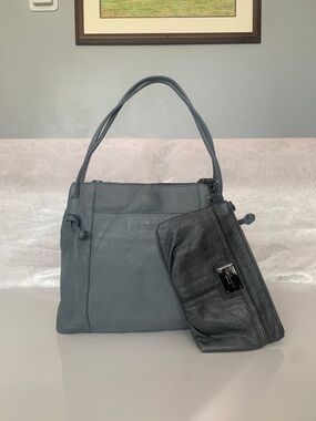 KENNETH COLE Genuine Leather Hobo Shoulder Bag & New Clutch Soft BlueGray⭐